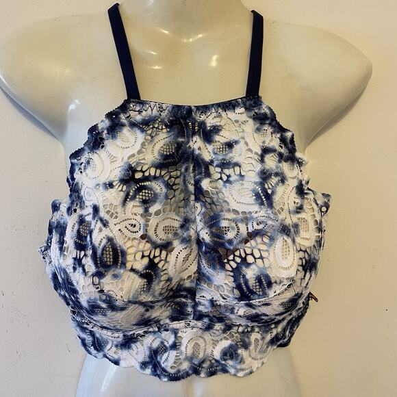 Victoria's Secret PINK Lace High Neck Push-Up Bralette Bra Size M/B80 Blue White - Picture 1 of 8